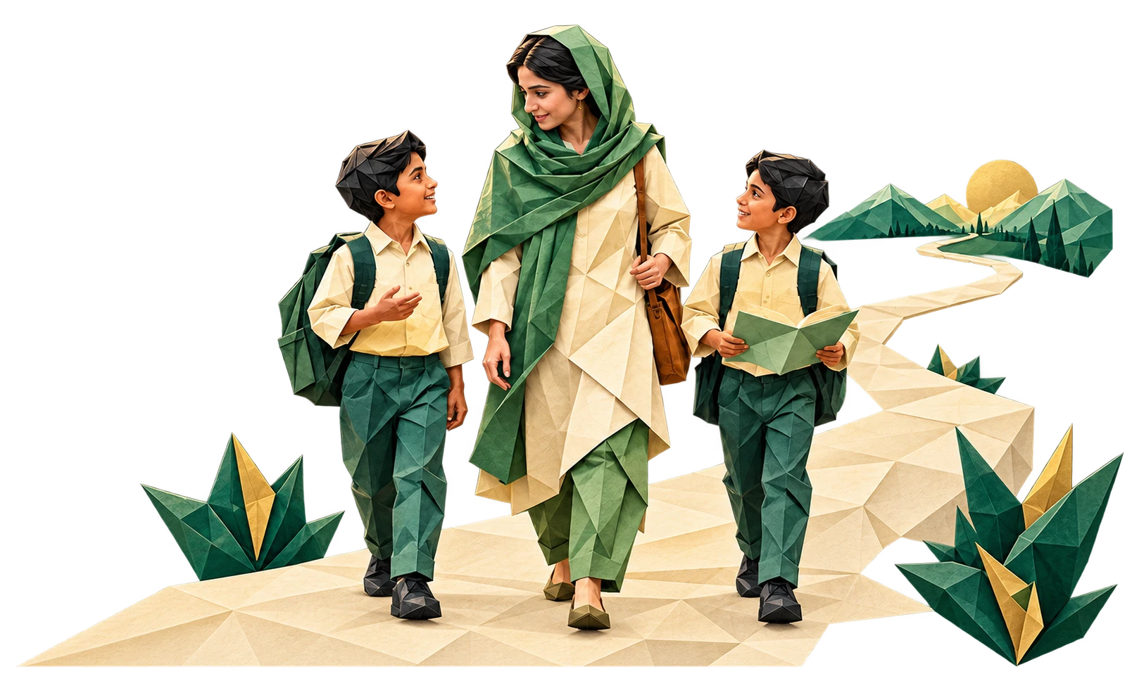 A female mentor walking with two Ek Qadam students, part of the Ek Qadam mentor program