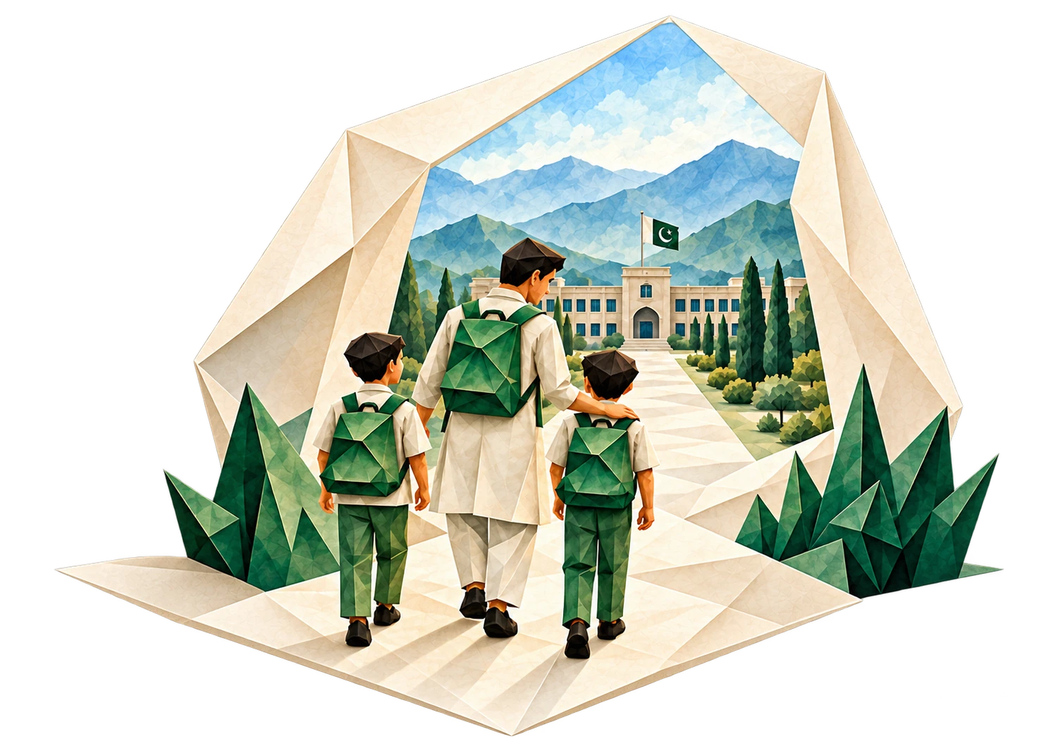 A mentor and two boys walking toward a cadet college through an origami doorway