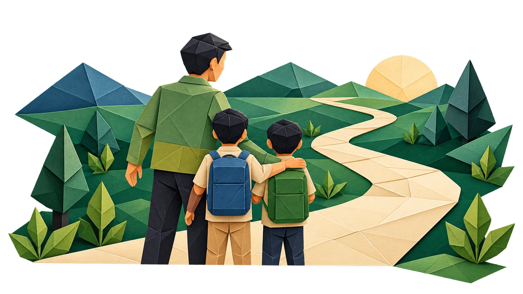 A mentor and two students following an origami path toward the future
