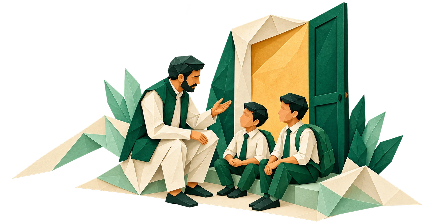 A mentor meeting two Ek Qadam students beside an open origami doorway