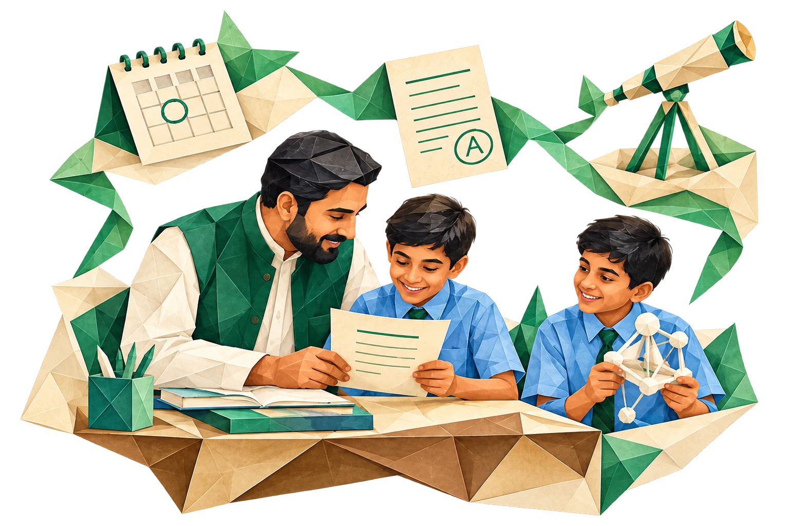 A mentor reviewing a report card with two Ek Qadam students and planning meaningful time together