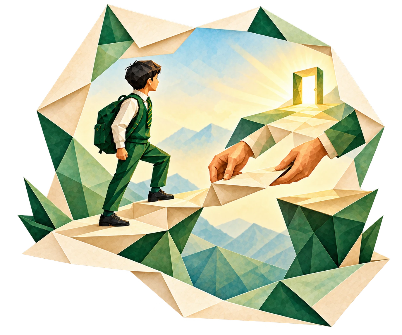 A student crossing an unfinished origami path as supportive hands place the next step
