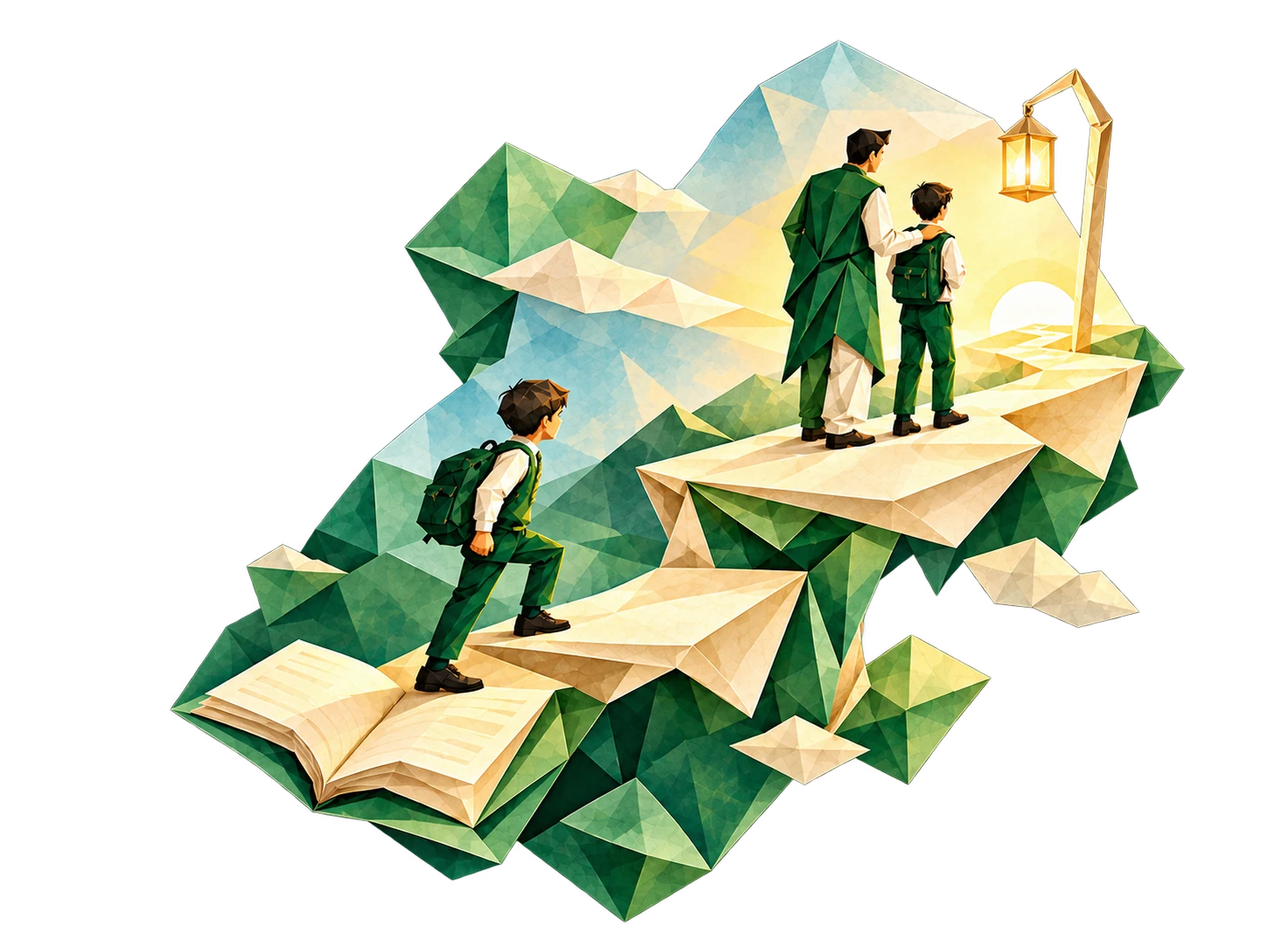 A student progressing across an origami bridge with educational and mentor support