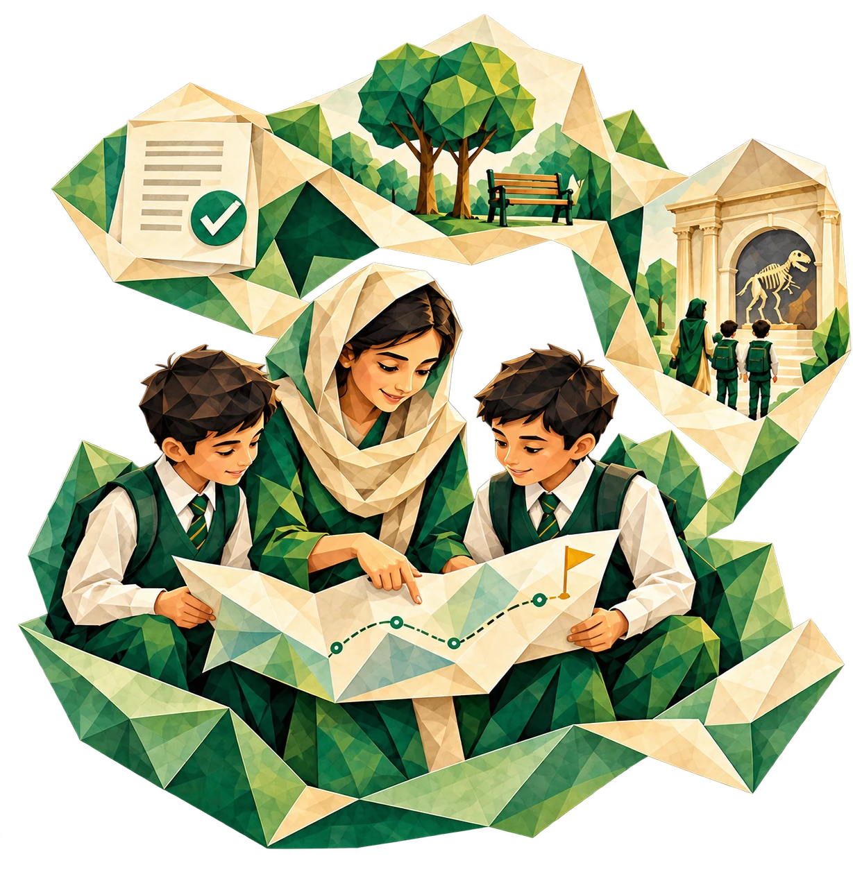 A woman mentor reviewing a progress map with two Ek Qadam students
