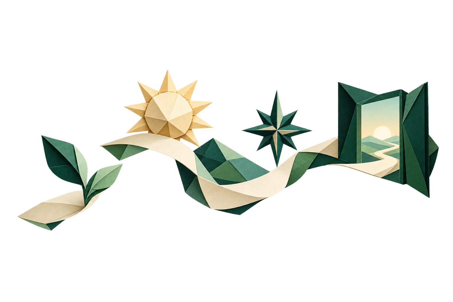 An origami path through changing seasons toward an open doorway
