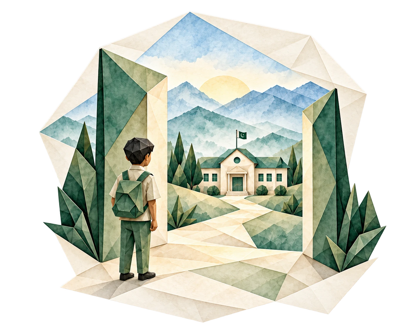 Schoolboy approaching an open origami doorway leading toward a school and mountains