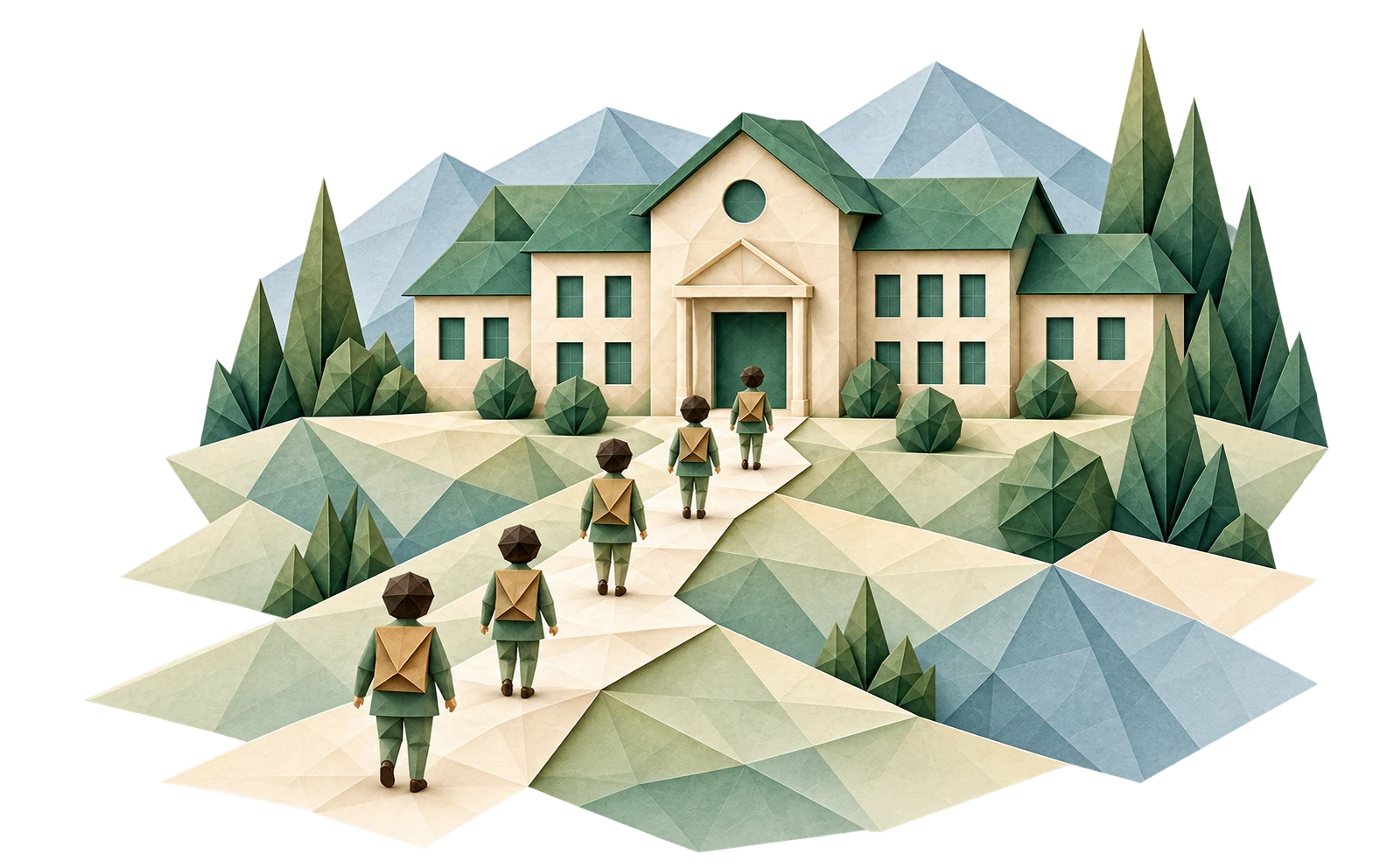 Five schoolboys walking toward an origami boarding school through a mountain landscape