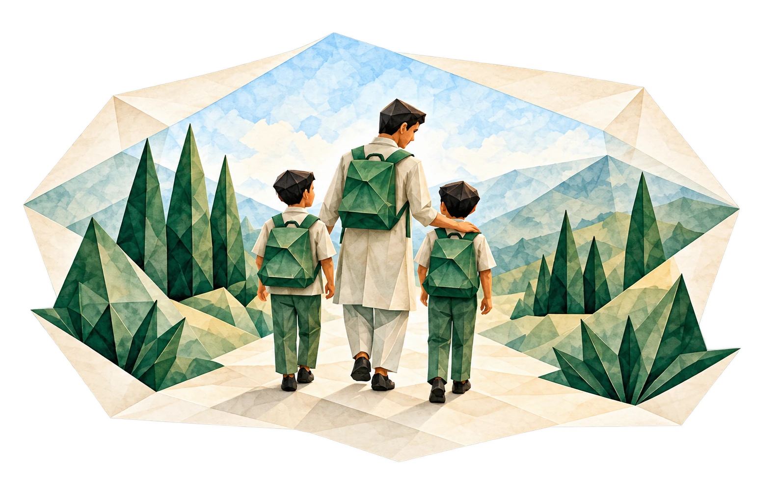 Male mentor walking with two schoolboys through an origami mountain landscape