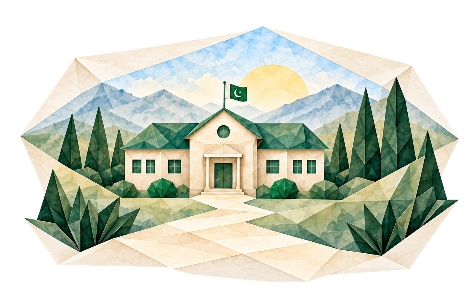 Origami orphanage building with a pathway, Pakistan flag and mountain landscape