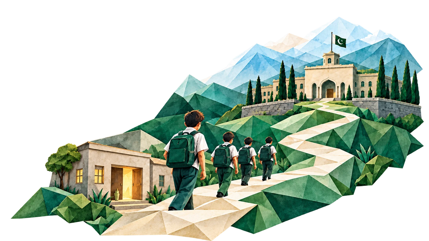 Origami journey of boys walking from a simple doorway toward a cadet college
