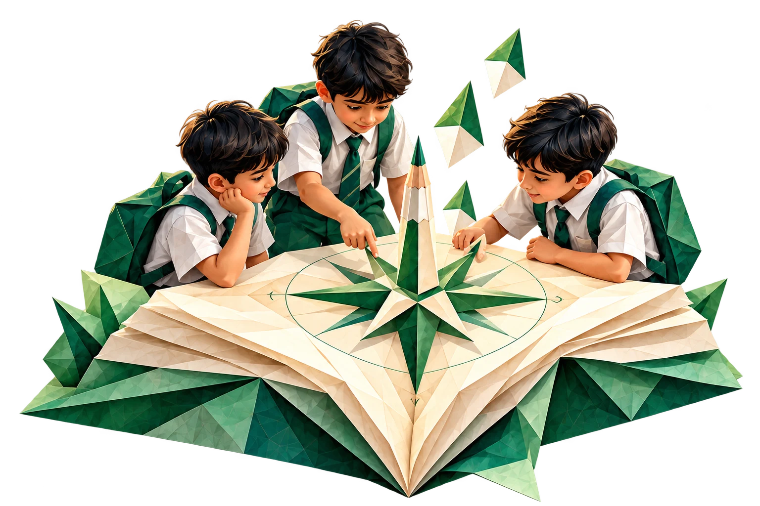 Three boys studying an origami book and compass, symbolising academic readiness