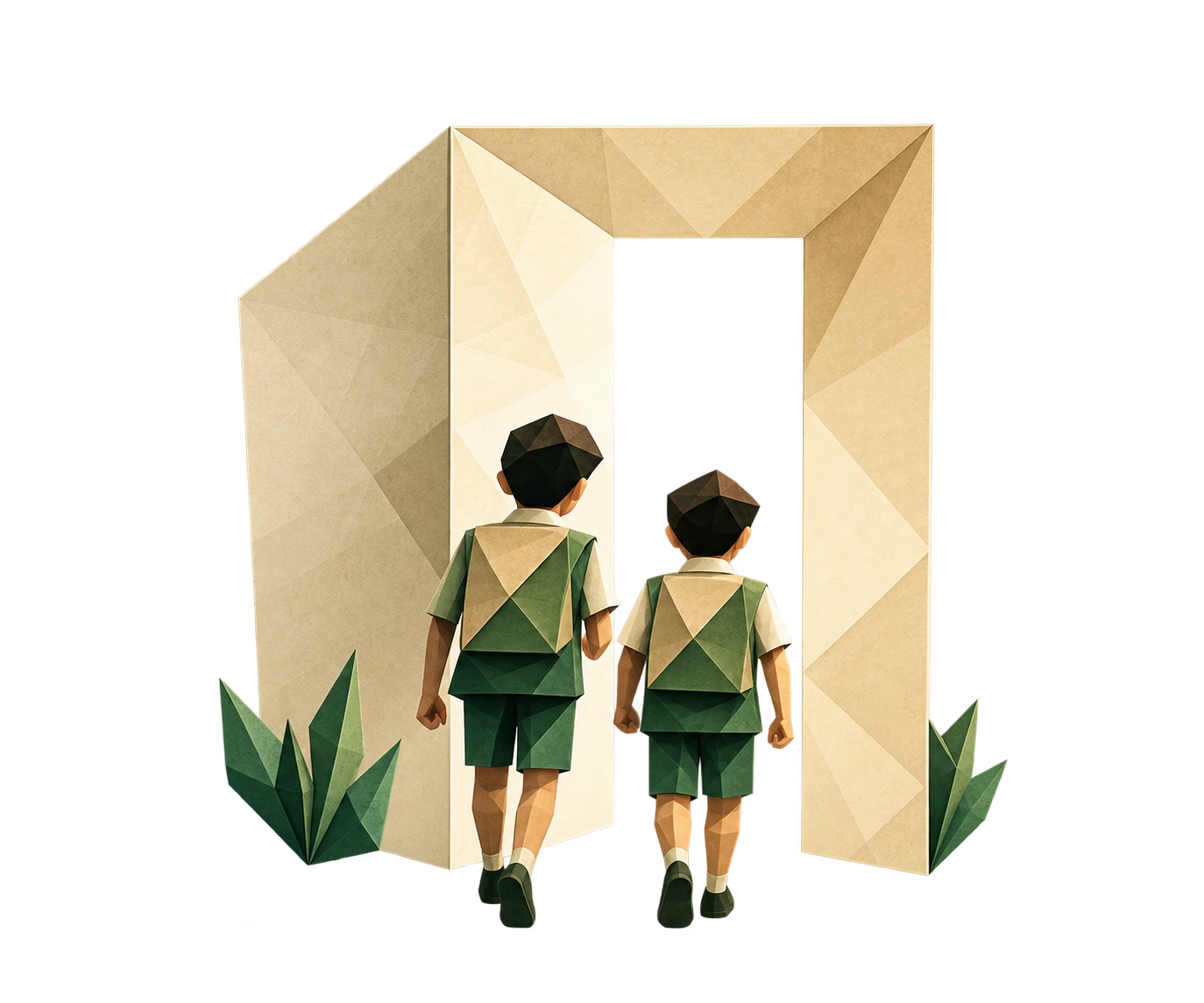 Two schoolboys walking through an open origami doorway