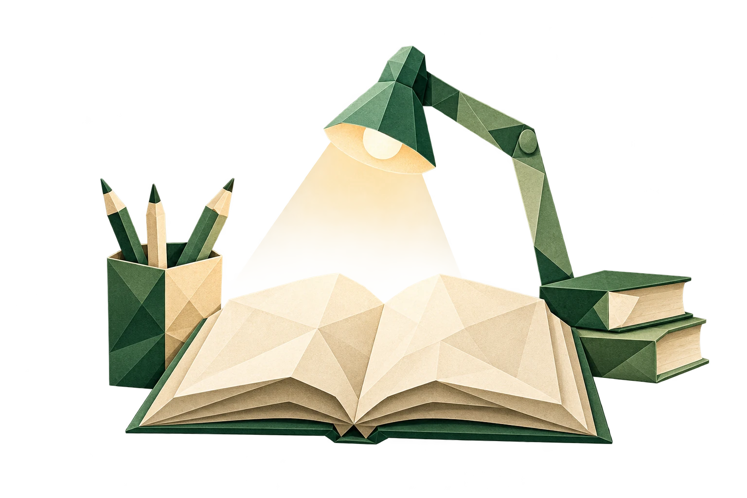 Origami study desk with an open book, lamp, pencils and books