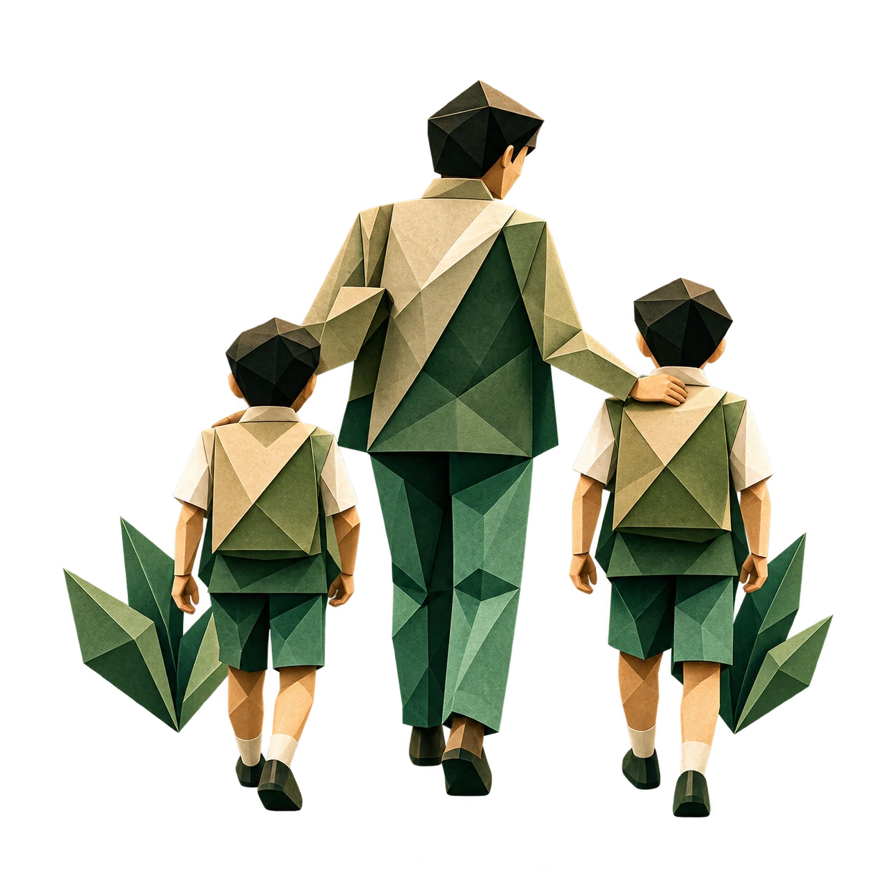 Male mentor walking with two schoolboys in an origami style