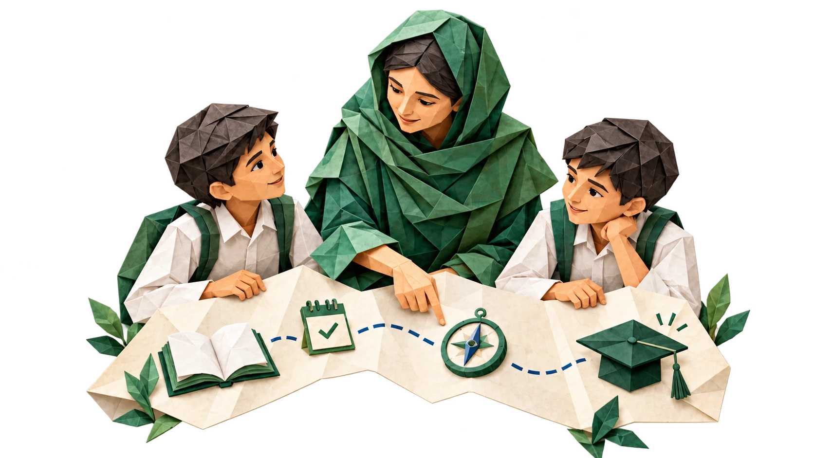 Female mentor guiding two students along an origami pathway from learning to graduation