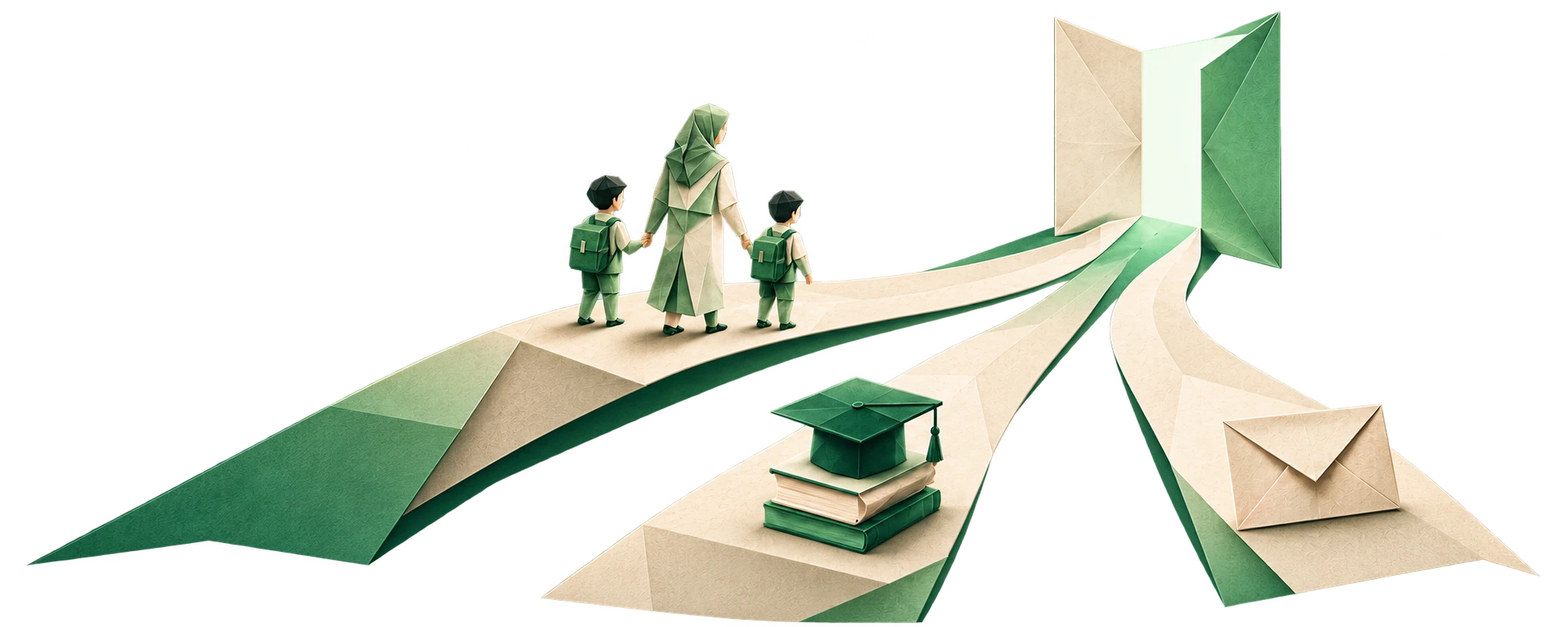Female mentor holding hands with two boys on origami paths leading to an open doorway