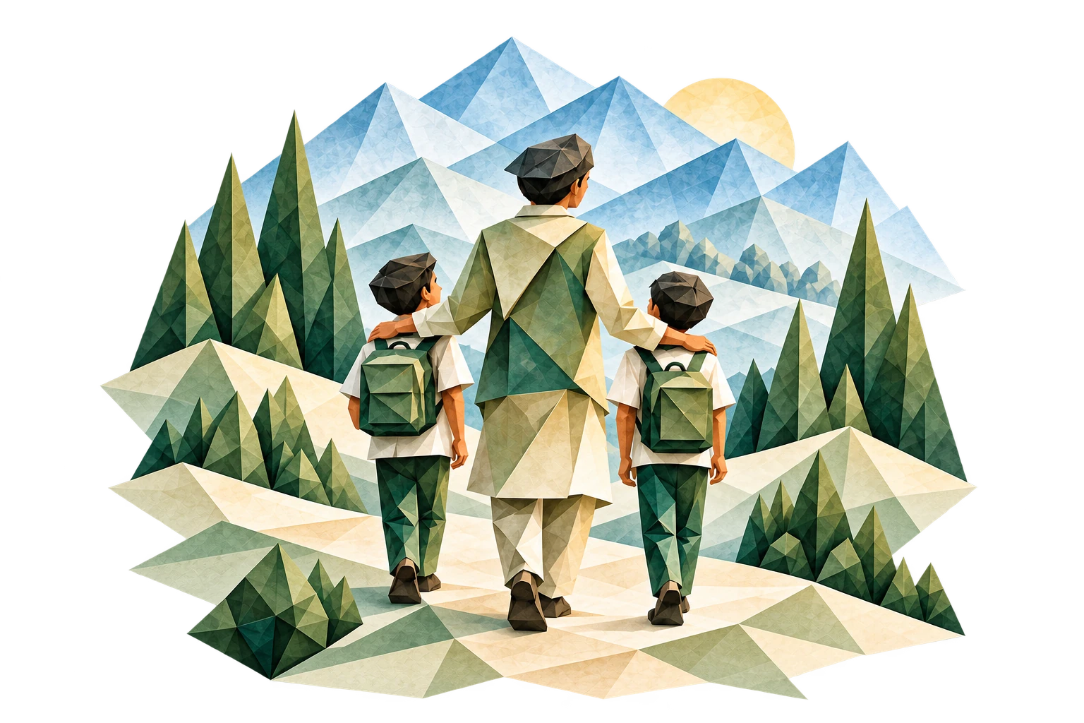 A mentor walking with two Ek Qadam students through an origami mountain landscape