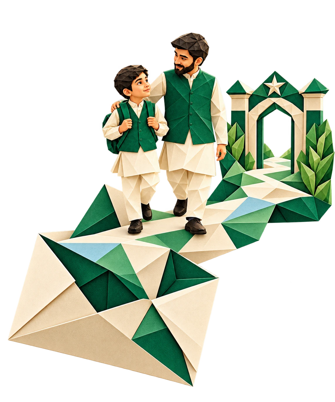 Mentor and student walking toward a cadet college gate in origami style