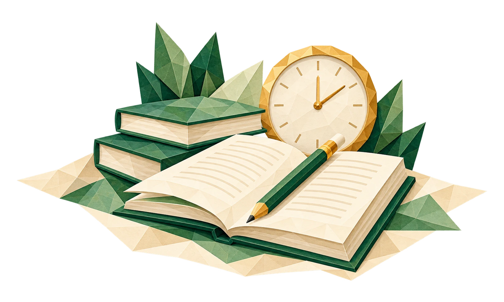 Origami books and clock representing entrance test preparation