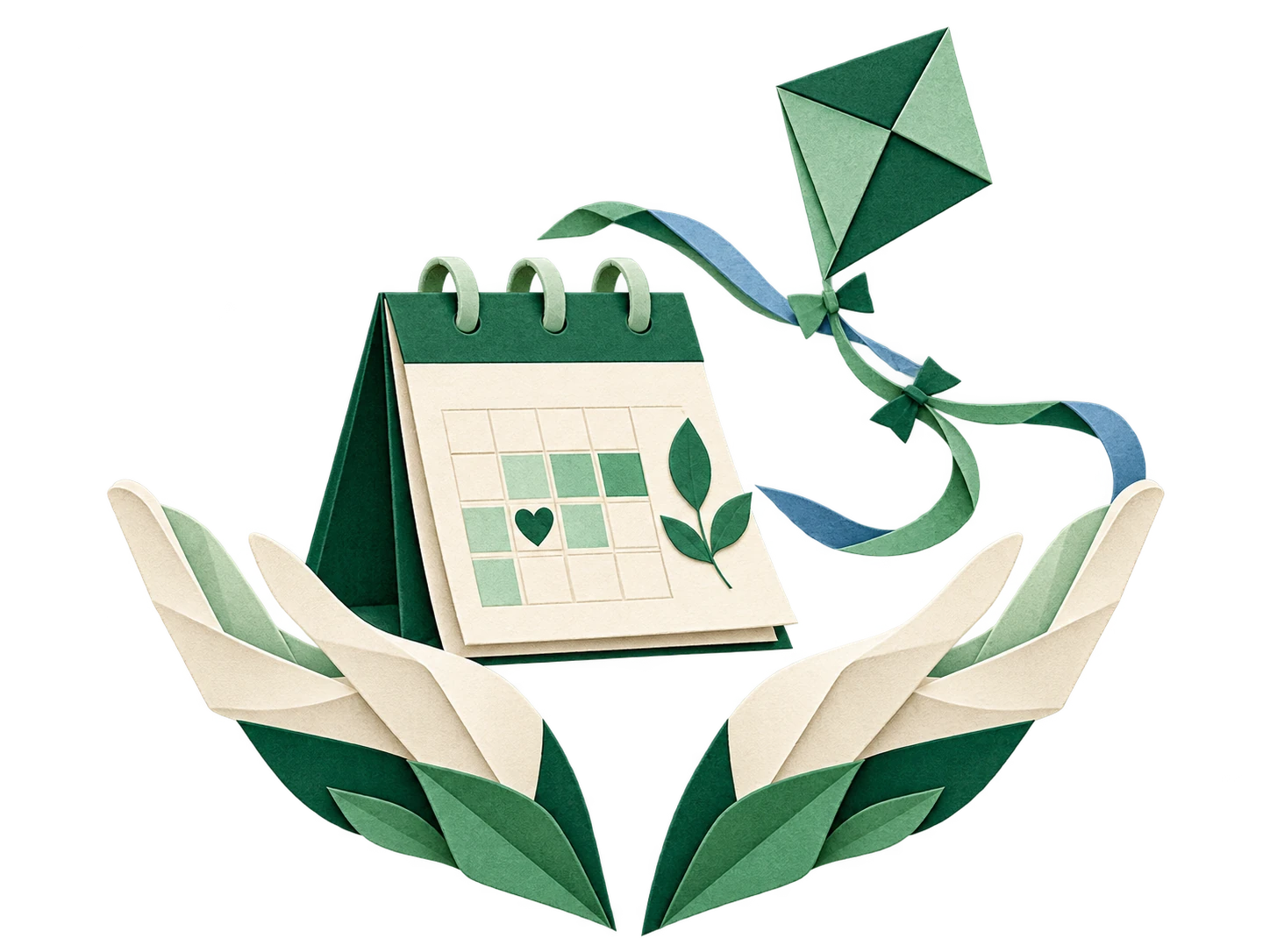 Origami calendar, kite and caring hands symbolising supported school breaks