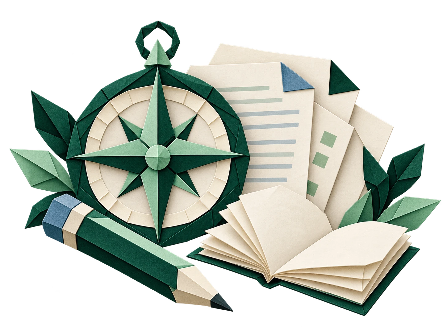 Origami compass, pencil and study materials symbolising preparation