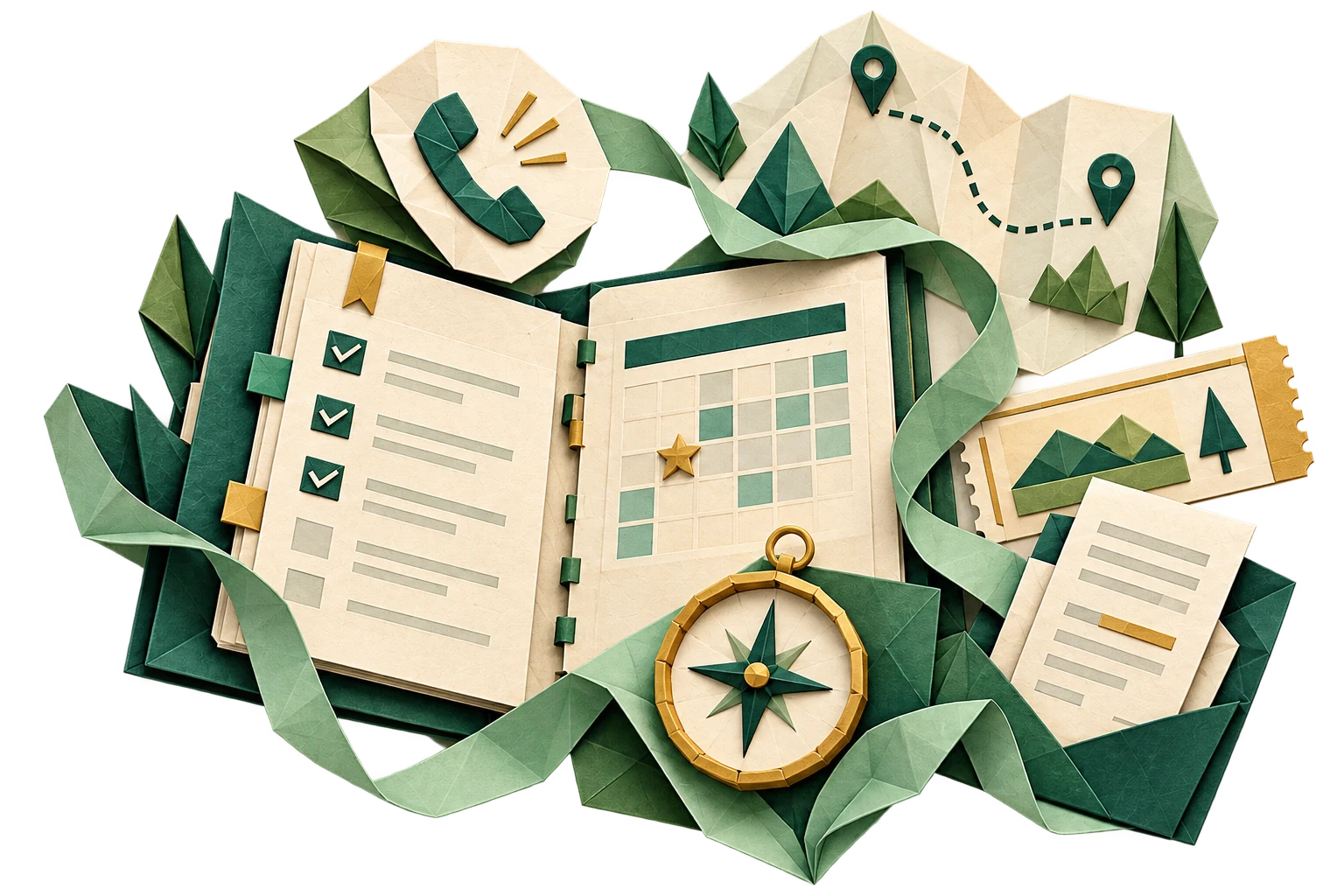 Origami mentor support toolkit with progress tracker, calendar, phone, route map and compass