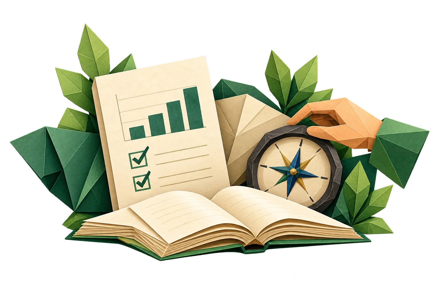 Origami progress report, book and compass symbolising a mentor following student progress