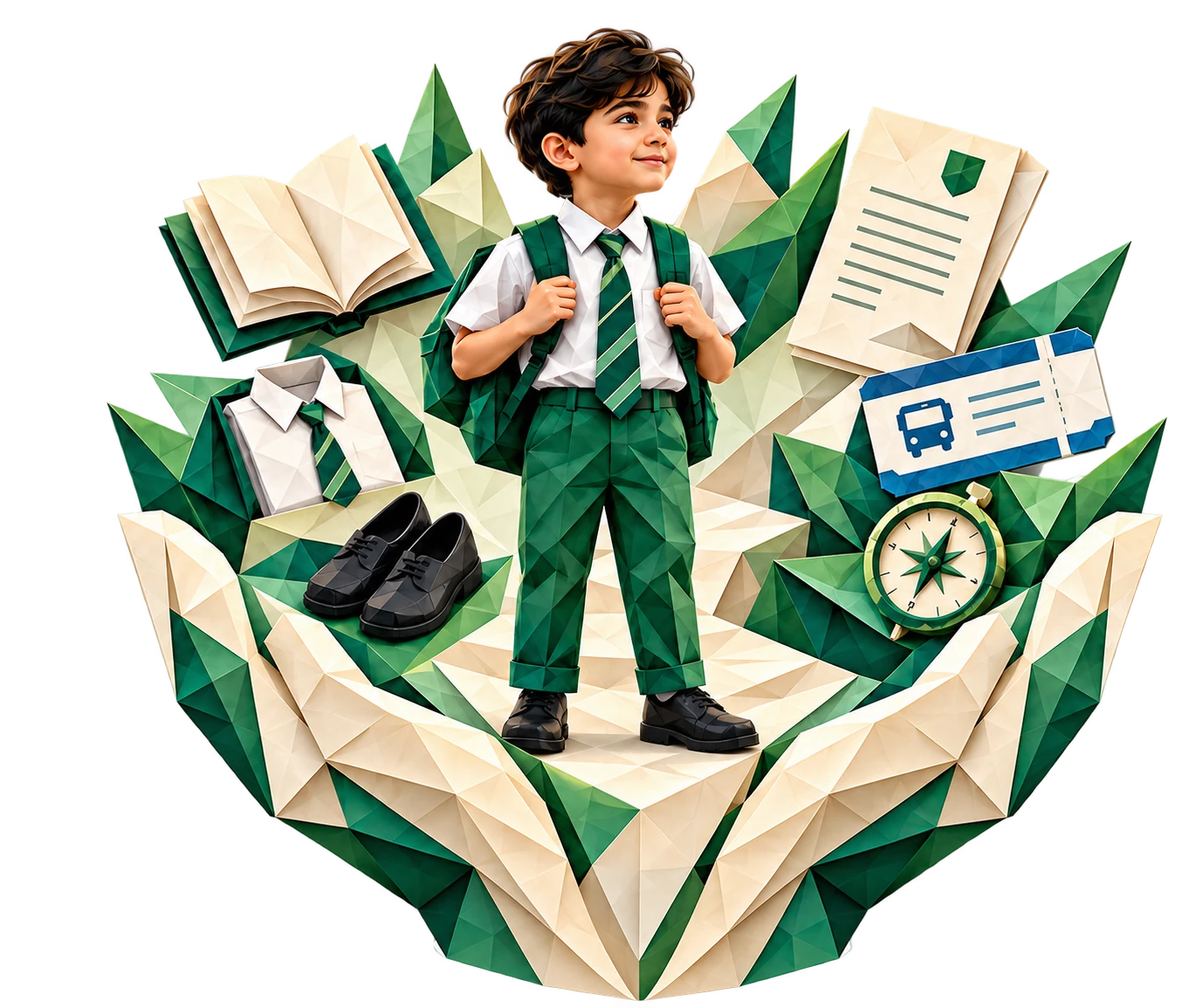 Origami schoolboy supported with education and everyday essentials