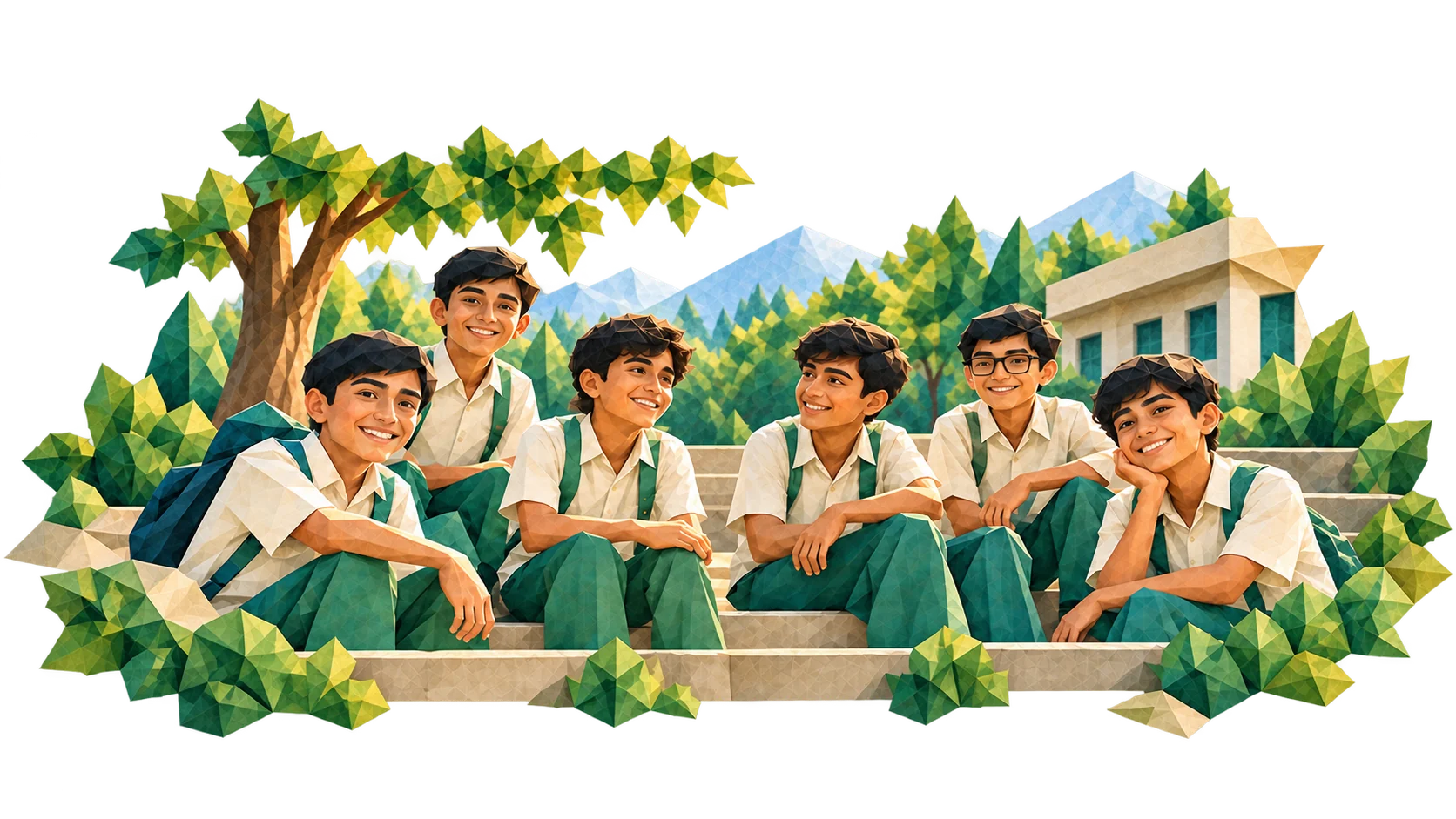 Six Ek Qadam students sitting together outside their school