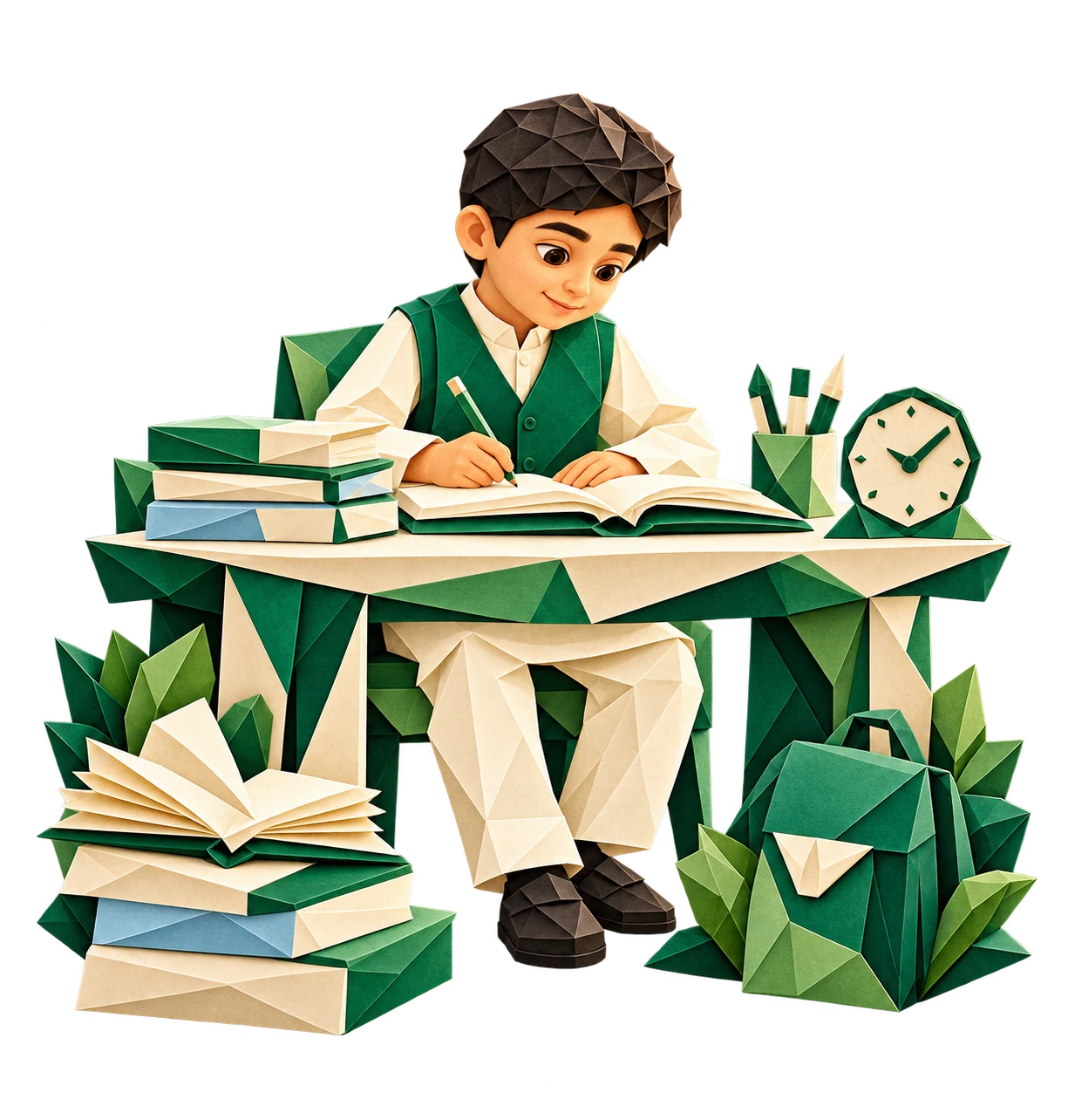 Student preparing for the cadet college entrance test in origami style