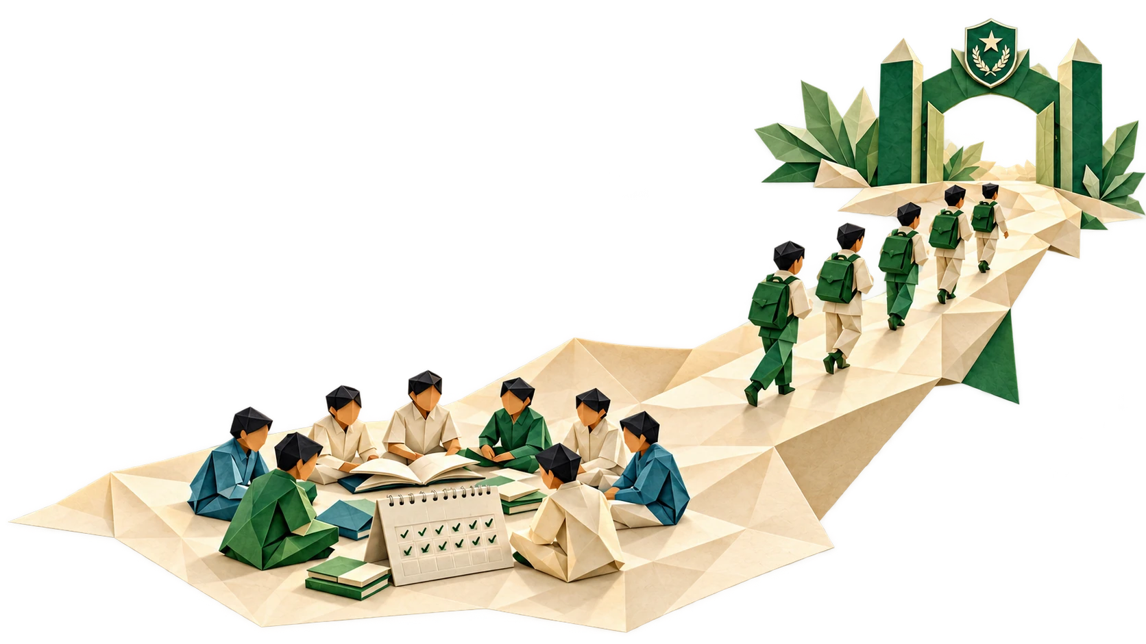 Students preparing together and continuing along an origami pathway to cadet college