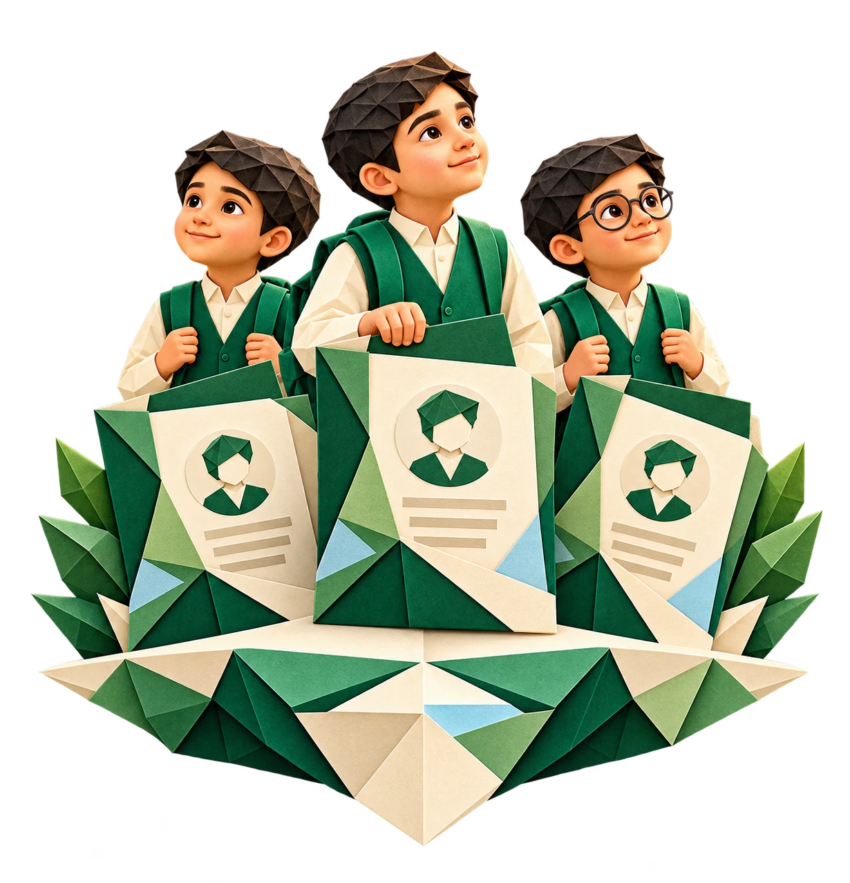 Three students with nomination profiles in origami style