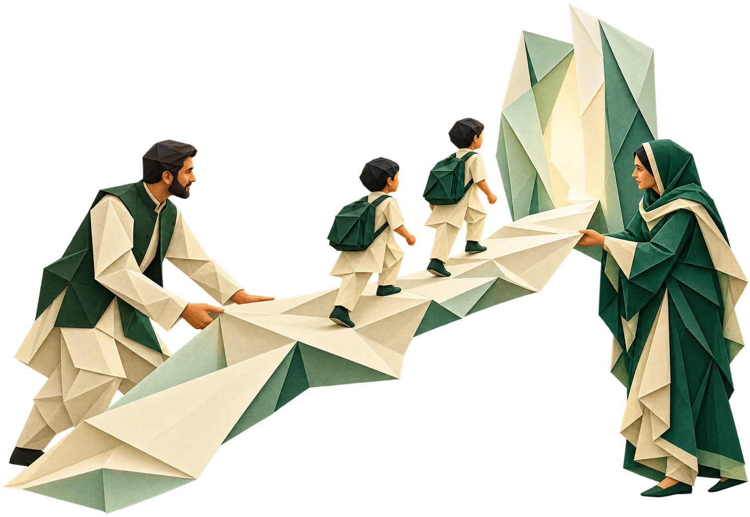 Two boys crossing an origami bridge supported by an orphanage official and an Ek Qadam representative